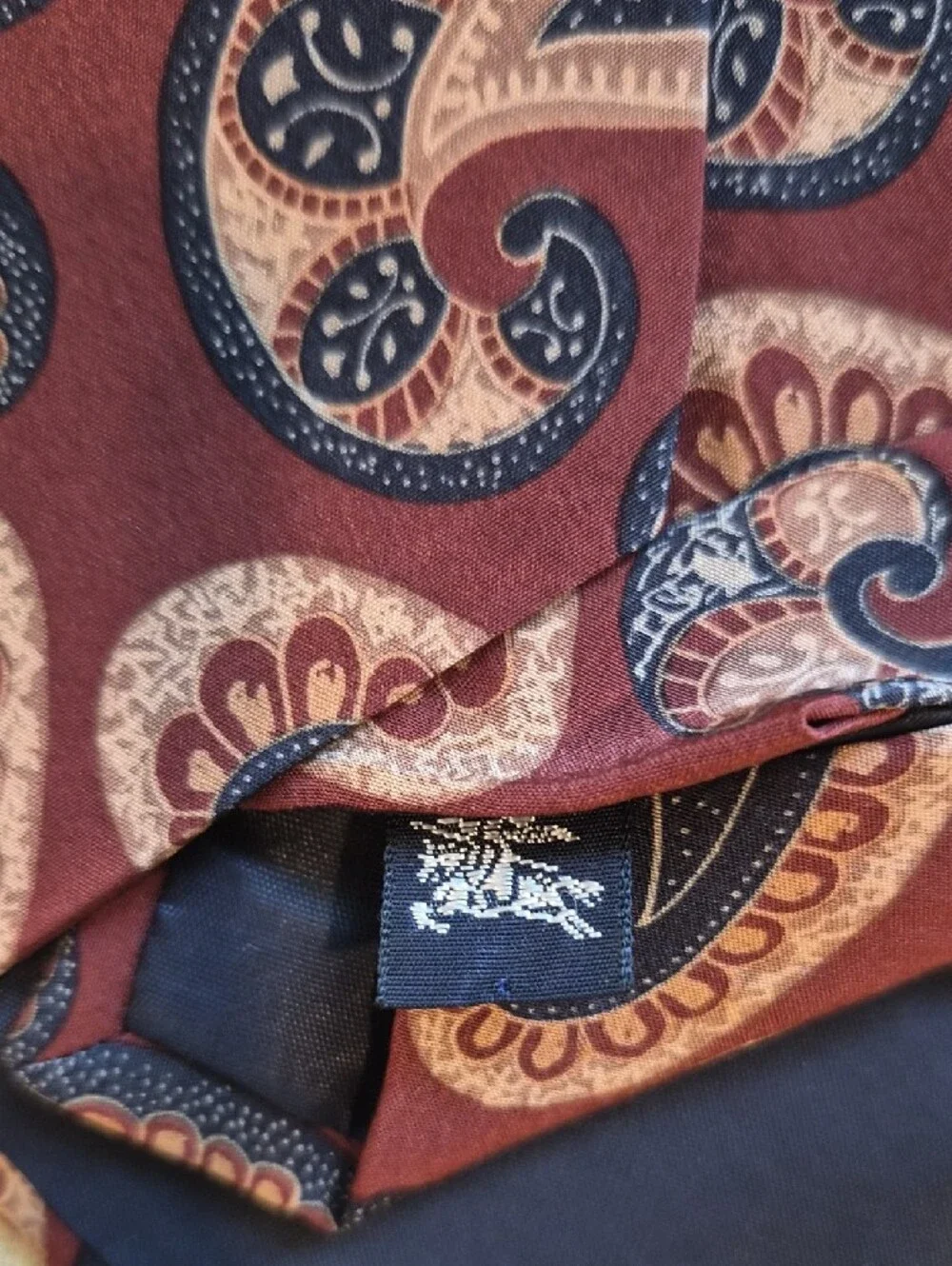 Vintage Burberrys Of London Burgundy Paisley Silk Tie with Navy and Cream Accent